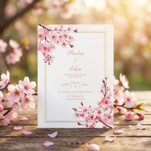 Invitación Flor de Cerezo Rosa Romántico Marco Dorado Boda