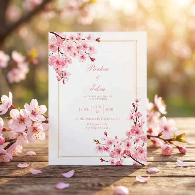 Invitación Flor de Cerezo Rosa Romántico Marco Dorado Boda (Subido por el creador)