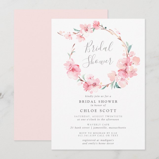 Invitación Flor de cerezo rosa Rubor Wreath Briath Shower (Anverso / Reverso)
