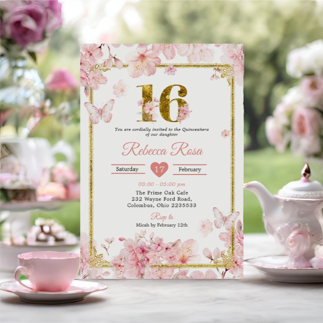 Invitación Flor de cerezo rosa Sakura Gold Quinceañera (Subido por el creador)
