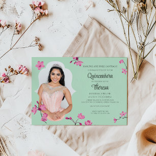 Invitación Flor de cerezo rosa y verde de menta Quinceanera F