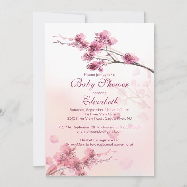 Invitación Flor de cerezo rosada elegante Baby Shower floral (Anverso)