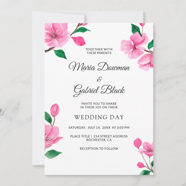 Invitación Flor de cerezo rosado. Boda de Primavera Floral (Anverso)
