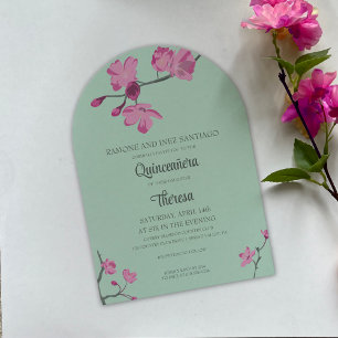 Invitación Flor de cerezo verde rosa y menta Quinceanera