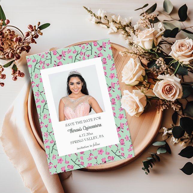 Invitación Flor de cerezo verde rosa y menta salven la fecha (Subido por el creador)