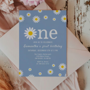 Invitación Flor de Chamomile Flor azul primer cumpleaños