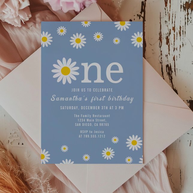 Invitación Flor de Chamomile Flor azul primer cumpleaños (Subido por el creador)