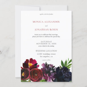 Invitación Flor de ciruela borgoña azul marino