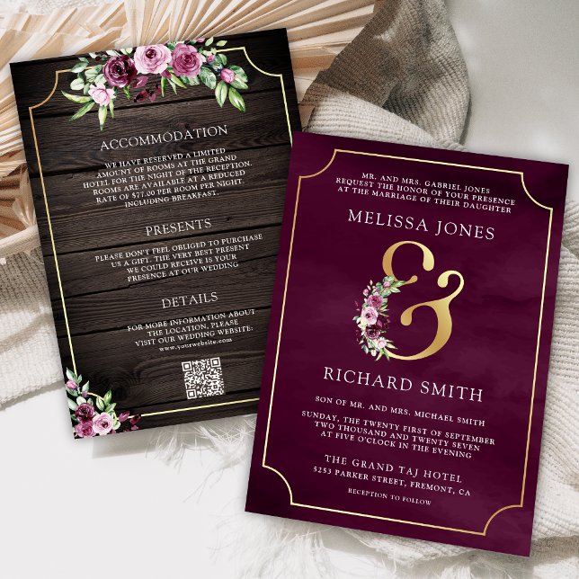 Invitación Flor de ciruela rosa Ampersand de madera código QR (Subido por el creador)