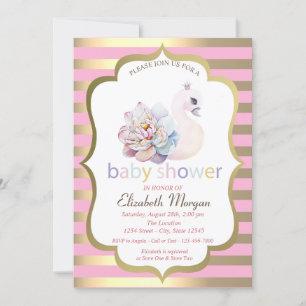 Invitación Flor de Cisne Bebé con Raya Dorada Baby Shower 