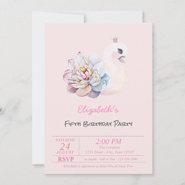 Invitación Flor de Cisne Bebé Cumpleaños Rosa (Anverso)