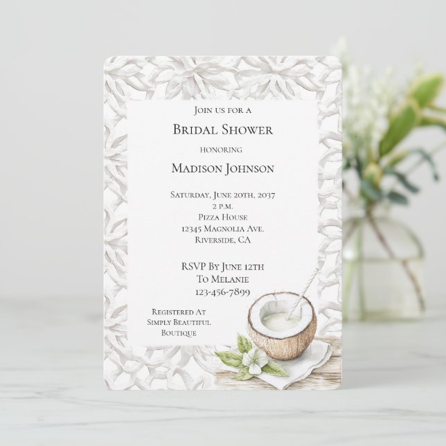 Invitación Flor de coco tropical Aloha Ducha de novia (Anverso de pie)