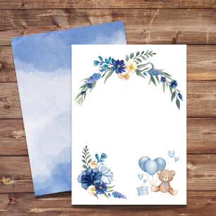 Invitación Flor de color de agua en blanco Teddy Bear globo a