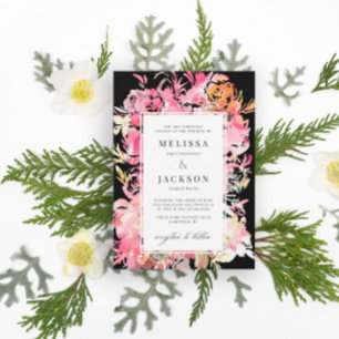 Invitación Flor de color de agua negro, rosa y Rubor