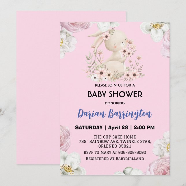 Invitación Flor de conejo rosa lindo bebé de bebé ducha (Anverso / Reverso)