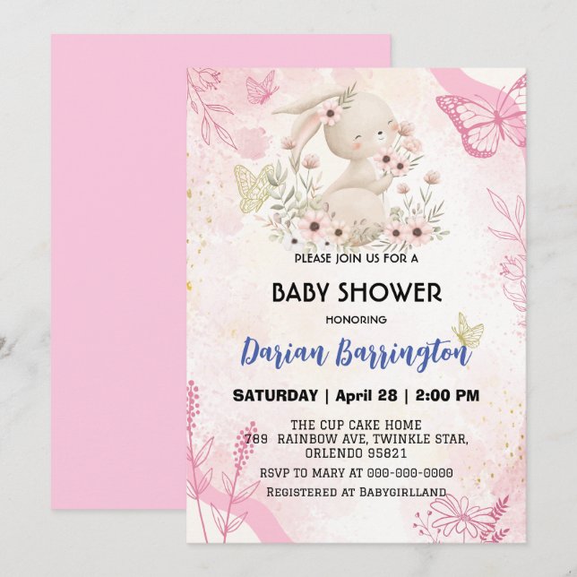 Invitación Flor de conejo rosa lindo bebé de bebé ducha (Anverso / Reverso)