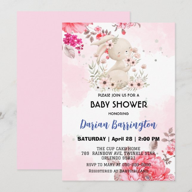 Invitación Flor de conejo rosa lindo bebé de bebé ducha (Anverso / Reverso)