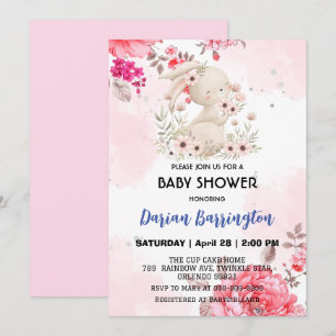 Invitación Flor de conejo rosa lindo bebé de bebé ducha