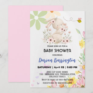 Invitación Flor de conejo rosa lindo Bee baby girl ducha