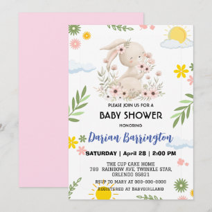 Invitación Flor de conejo rosa lindo sol bebé ducha