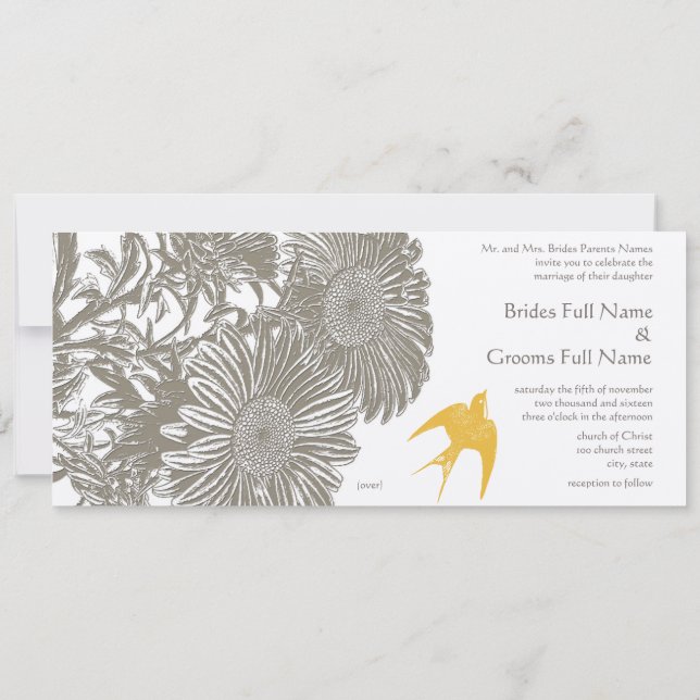 Invitación Flor de cosecha Khaki y Boda de pájaro Goldenrod (Reverso)