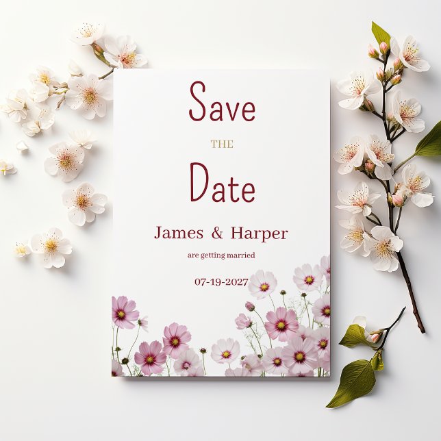Invitación Flor de cosmos de flores rosas de Rubor Salven la  (Blush pink blossom cosmos flower Save the Date )