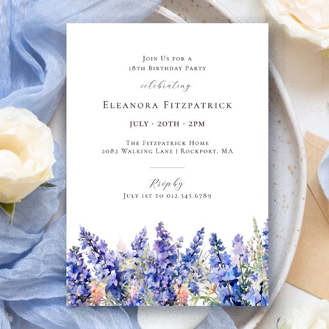 Invitación Flor de cumpleaños 18 años azul Larkspur julio (Subido por el creador)