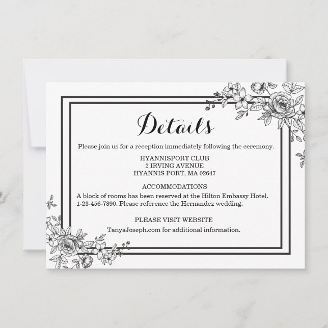 Invitación Flor De Detalles Florales En Blanco Y Negro (Anverso)