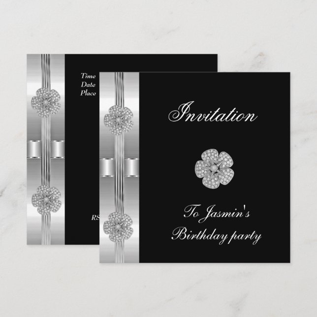Invitación Flor de Diamante de Plata Negra Joya (Anverso / Reverso)