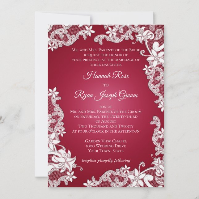 Invitación Flor de encaje barroco borgoñosa (Anverso)