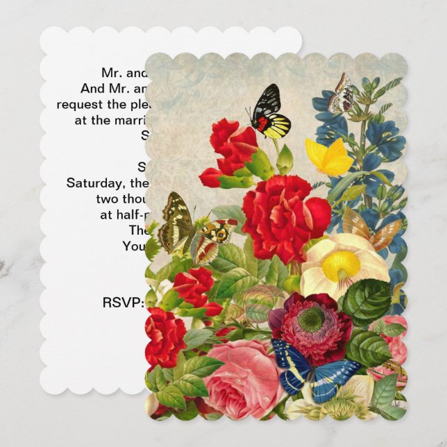 Invitación Flor de época Bouquet con mariposas (Anverso / Reverso)