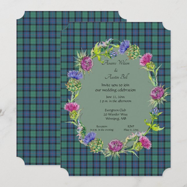 Invitación Flor de Escocia Tartán con marco dorado (Anverso / Reverso)