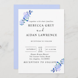 Invitación flor de estilo acuarela azul polvoriento rústico &