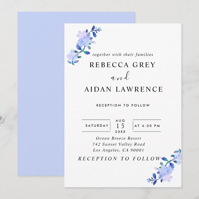 Invitación flor de estilo acuarela azul polvoriento rústico y (Anverso / Reverso)