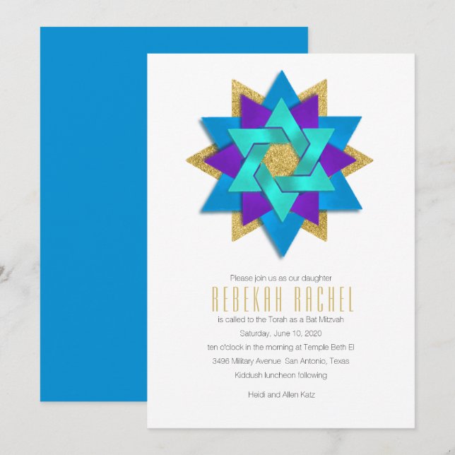 Invitación Flor de estrella de Bat Mitzvah Turquoise Blue Pur (Anverso / Reverso)