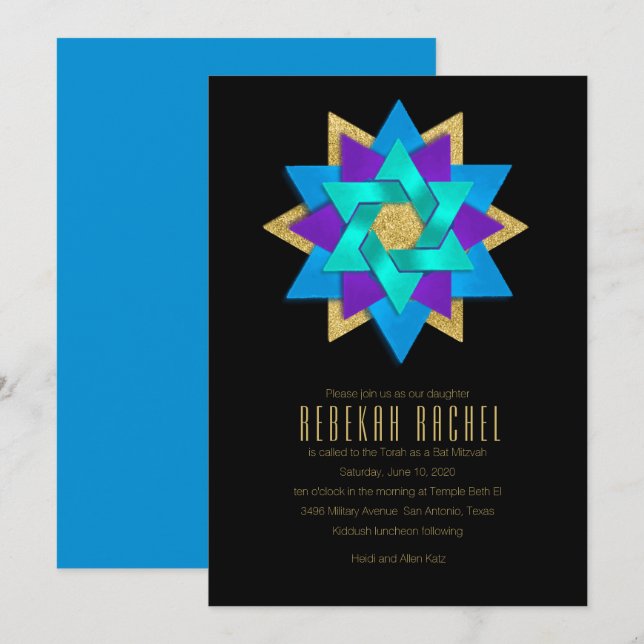 Invitación Flor de estrella de Bat Mitzvah Turquoise Blue Pur (Anverso / Reverso)