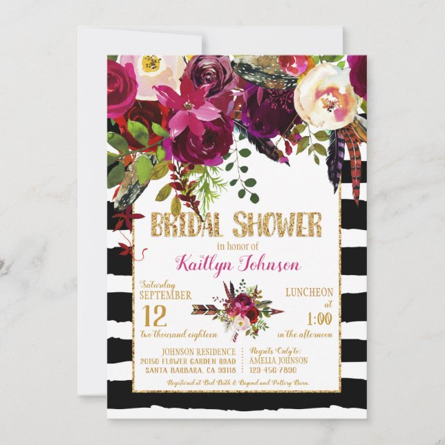 Invitación Flor de flecha floral de Boho Trazo de novia ducha (Anverso)
