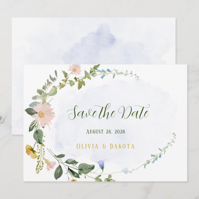 Invitación Flor De Flor Silvestre De Dusty Azul Verdes Salven (Anverso / Reverso)