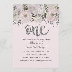 Invitación Flor de flores de plata rosada Rubor primer cumple