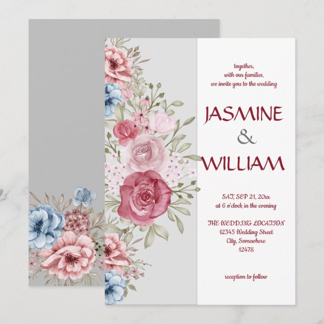 Invitación Flor de flores rosas y azules (Anverso / Reverso)