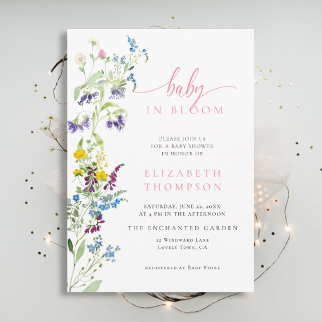 Invitación Flor de flores silvestres Bloom Chica rosa Baby Sh (wildflowers baby shower invitation in bloom elegant pink garden party watercolor modern calligraphy)