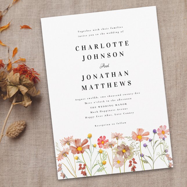 Invitación Flor de flores silvestres de boho rustico (Boho rustic Wildflower floral Wedding invitation Watercolor flowers elegant modern typography script)