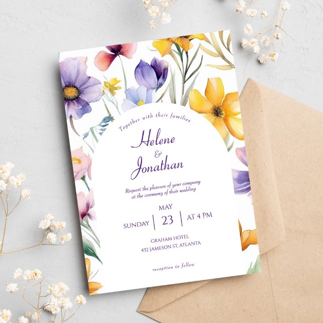Invitación Flor de flores silvestres Floral Boho Elegante Bod (Wildflower Watercolor Floral Boho Elegant Wedding Invitation)