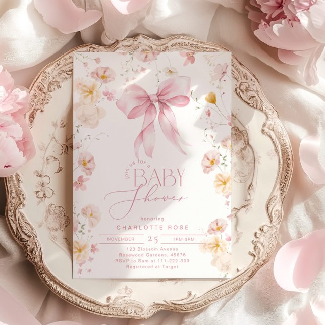 Invitación Flor de flores silvestres rosadas Bow Elegant Baby (Subido por el creador)