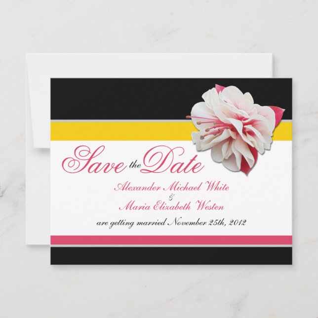 Invitación Flor de fucsia rosa amarilla Save the Dates de bod (Anverso)