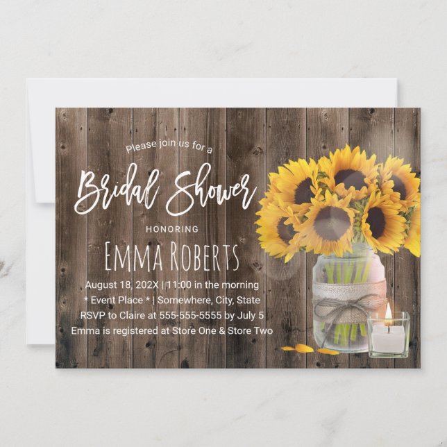 Invitación Flor de girasol Mason Jar Barn Wood Bridal Shower (Anverso)