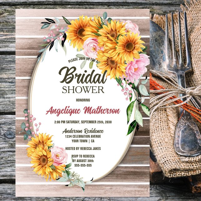 Invitación Flor de girasol rosa rosa Oval Wood Bridal Shower (Subido por el creador)