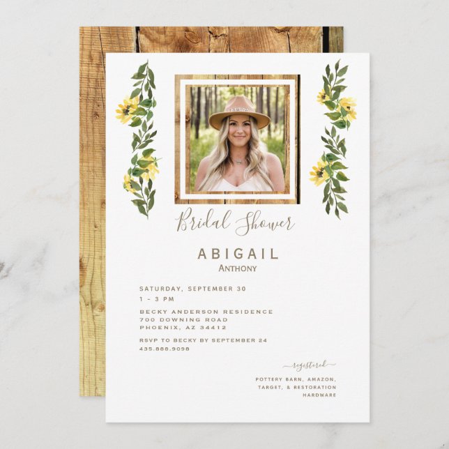 Invitación Flor de girasol rusa foto ducha de novia (Anverso / Reverso)