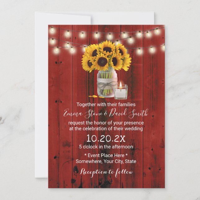 Invitación Flor de girasol rusa Jar Red Barn Wood Boda (Anverso)