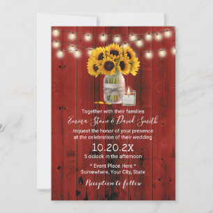 Invitación Flor de girasol rusa Jar Red Barn Wood Boda
